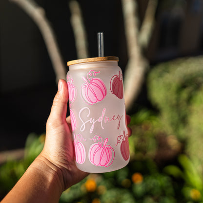 Custom 16oz Glass Can with Pumpkin Print