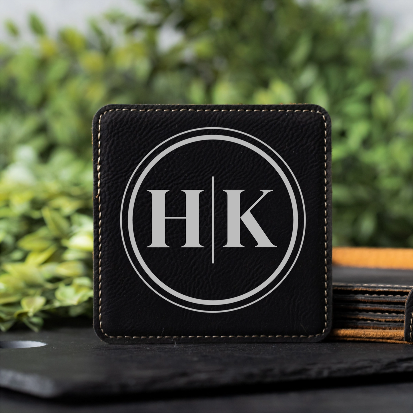 Customized Black Leather Coasters- Signature Designs