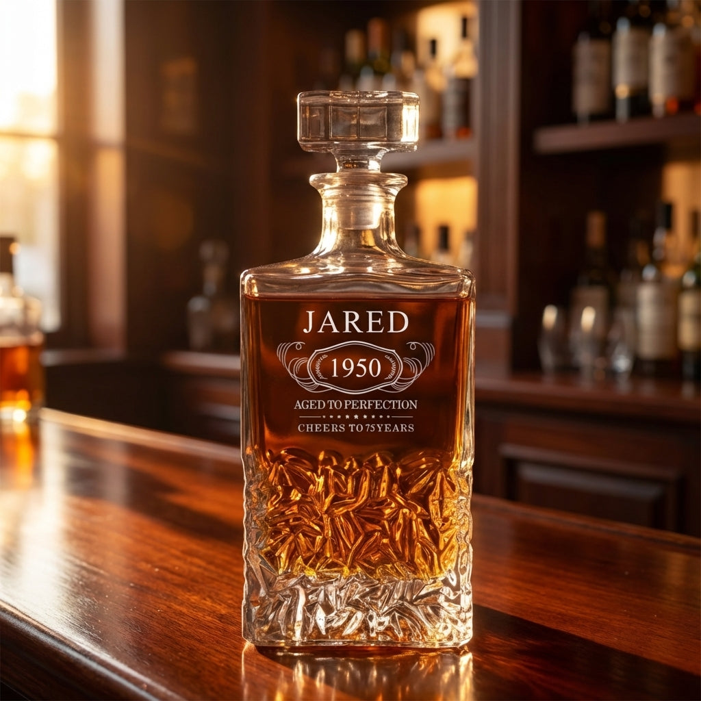 Custom Bradford Aged to Perfection Decanter - Decanter on a polished mahogany bar, dimly lit, golden hour. - 12/11/2025