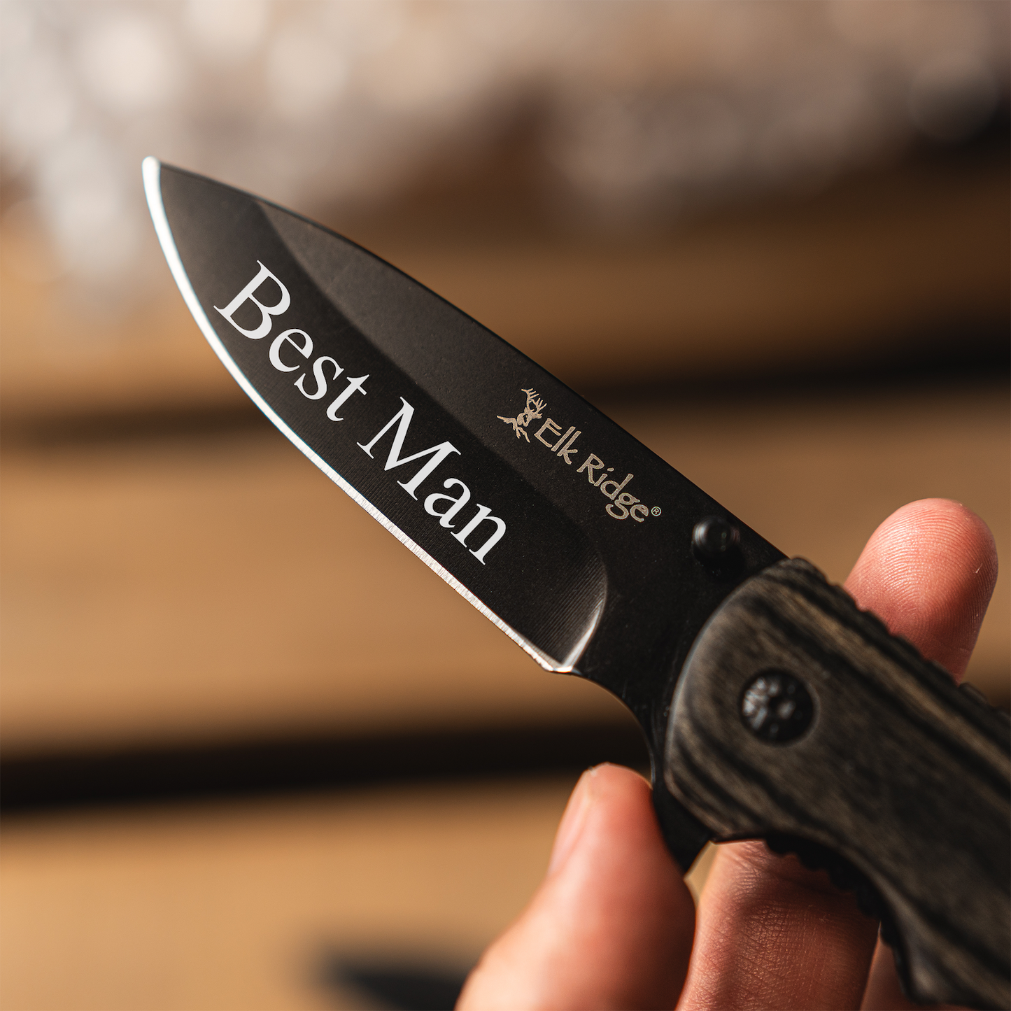 Set of 5 Personalized Black Blade Grey Wood Handle Knives