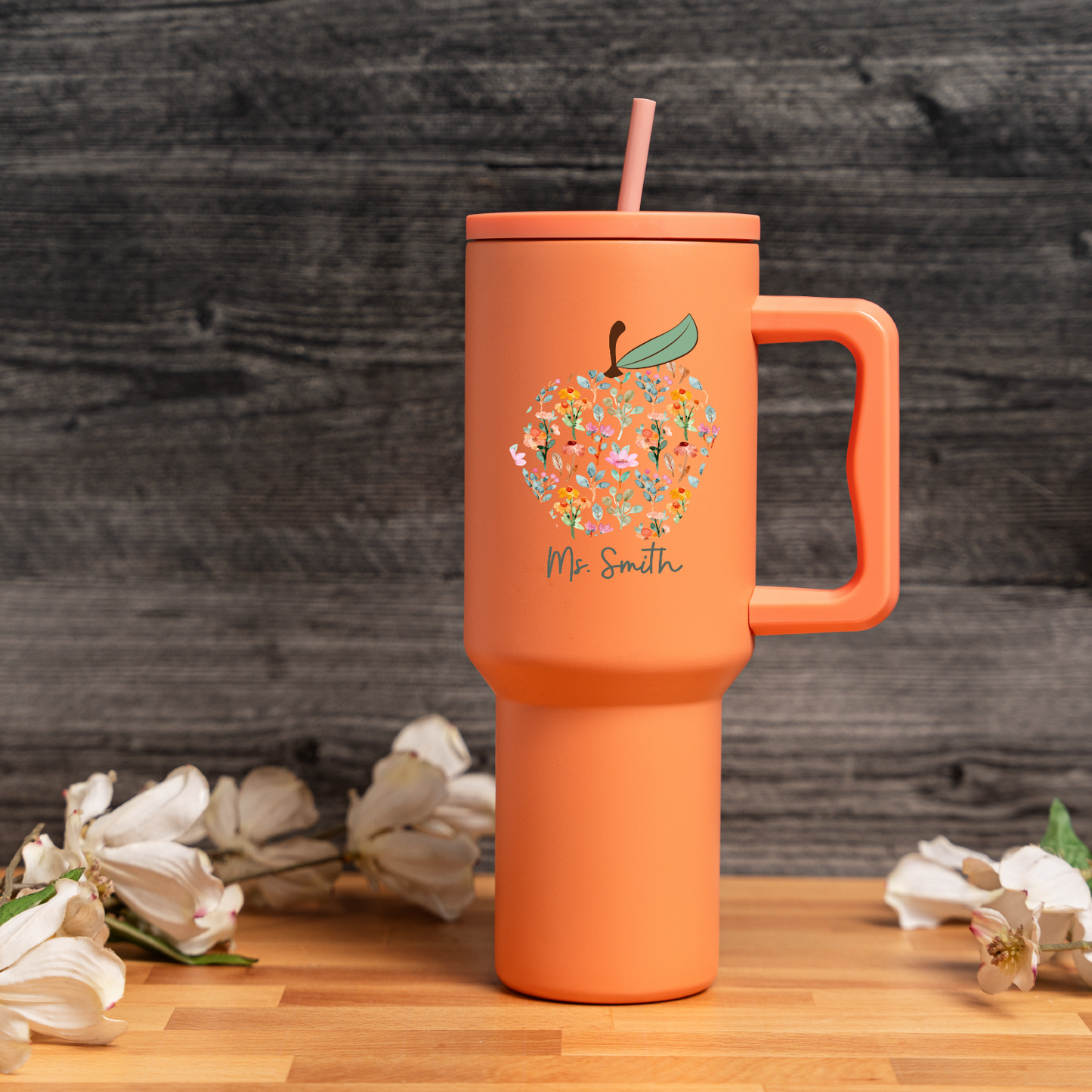 Customized Teacher Tumbler with Floral Apple and Name