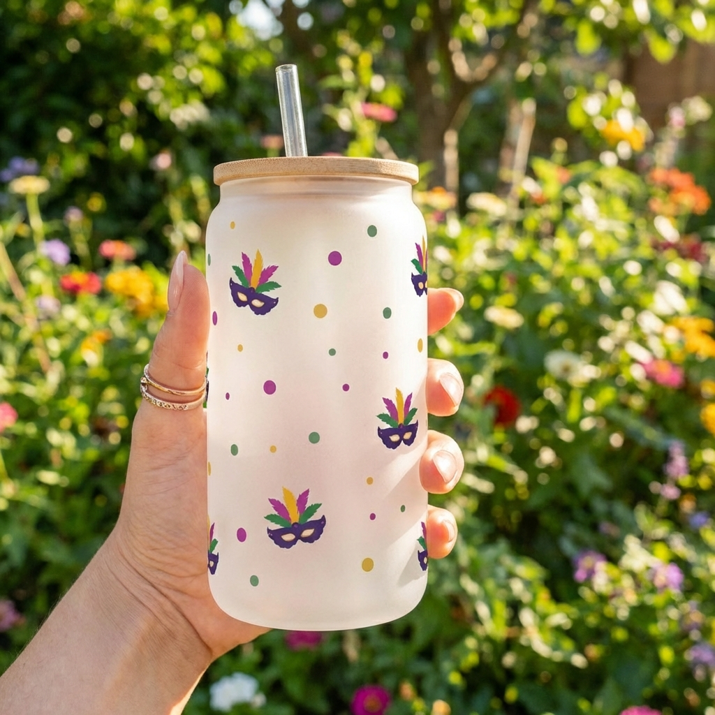 Glass Can with Bamboo Lid - Mardi Gras Themed