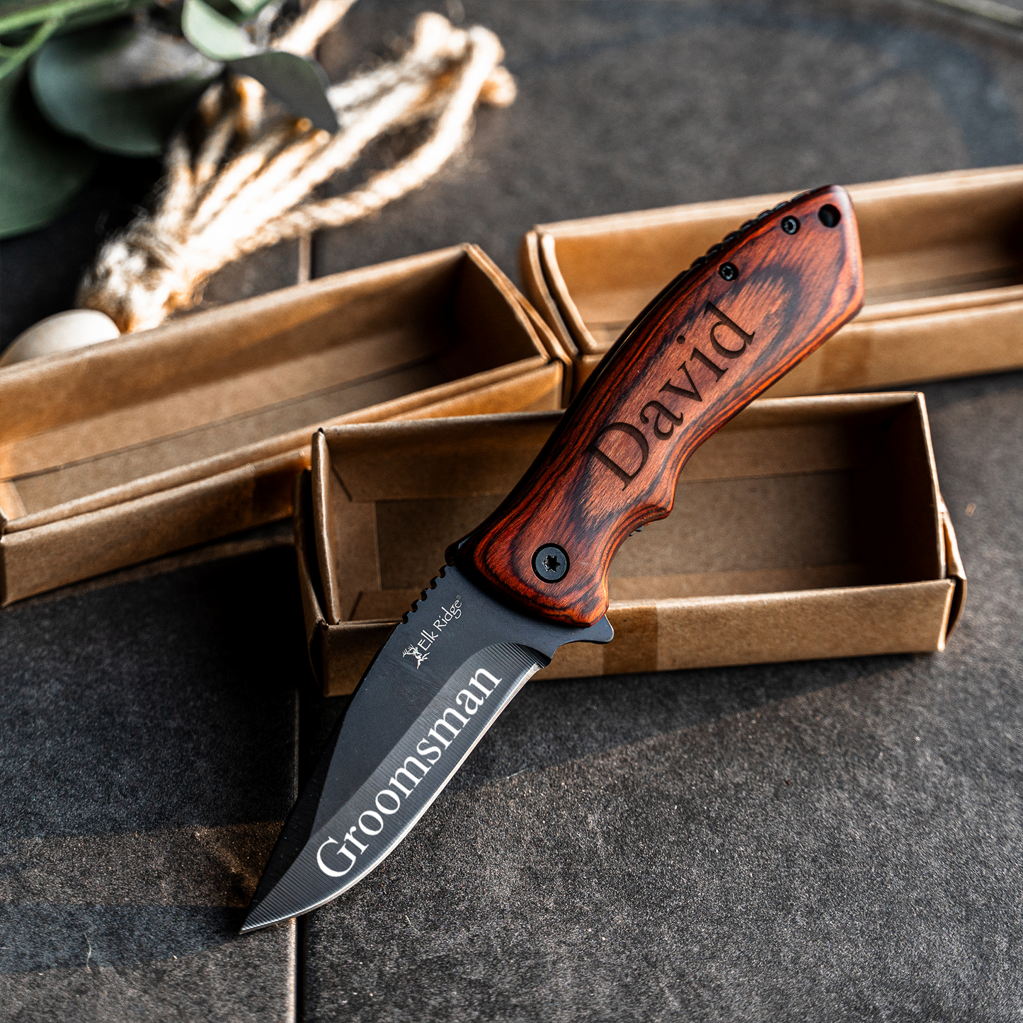 Set of 5  Red Wood Handle Black blade Knives - Groomsmen Gift