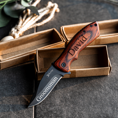 Set of 5  Red Wood Handle Black blade Knives - Groomsmen Gift