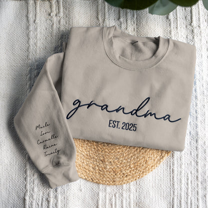 Custom Embroidered Grandma Sweatshirt with Names on Sleeve
