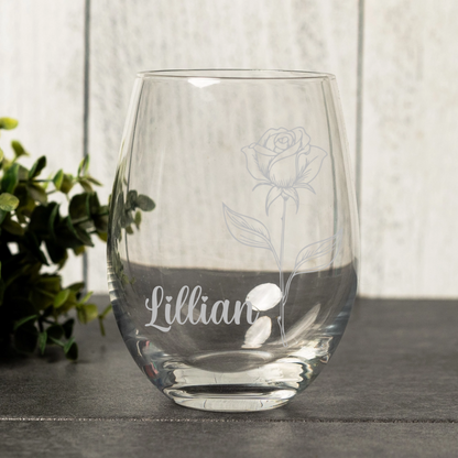 Engraved Stemless Wine Glass - Horizontal Birth Flowers