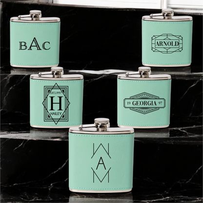 Set of 5 Leather Wrapped Stainless Flasks - Signature Designs Groomsmen Gift
