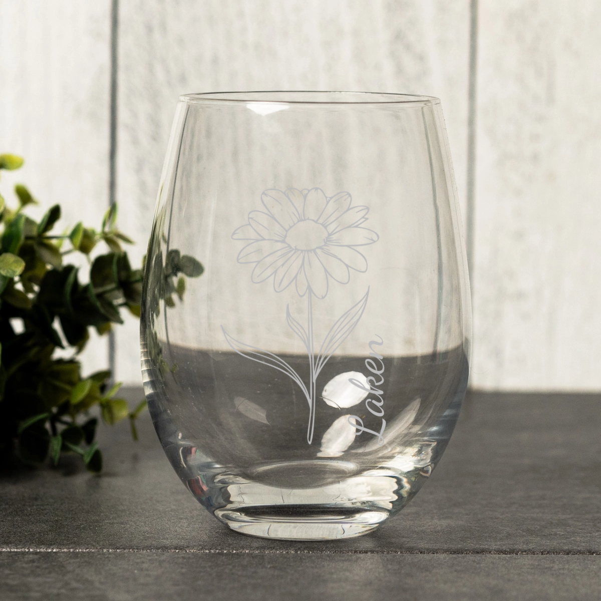 Engraved Stemless Wine Glass - Vertical Birth Flower