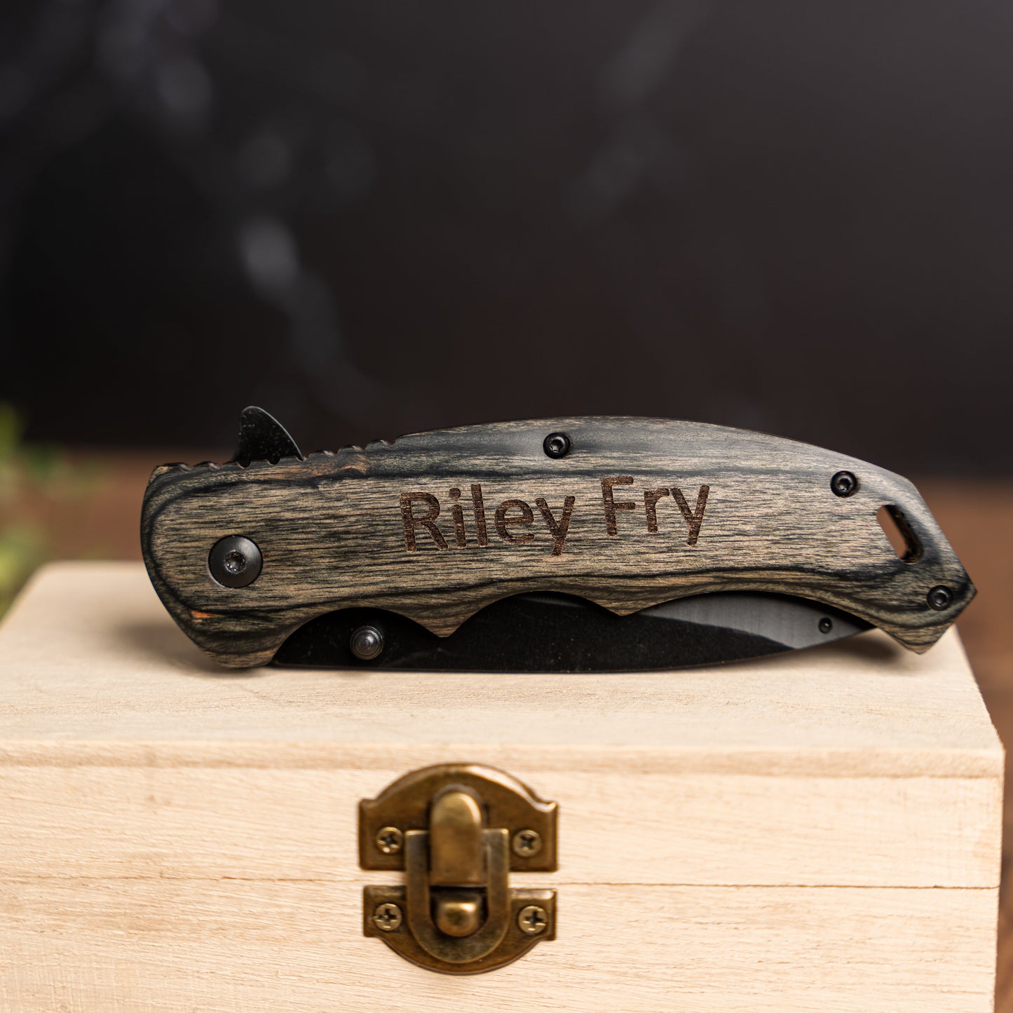 Customized Grey Wood Hunting Knife - Black Blade