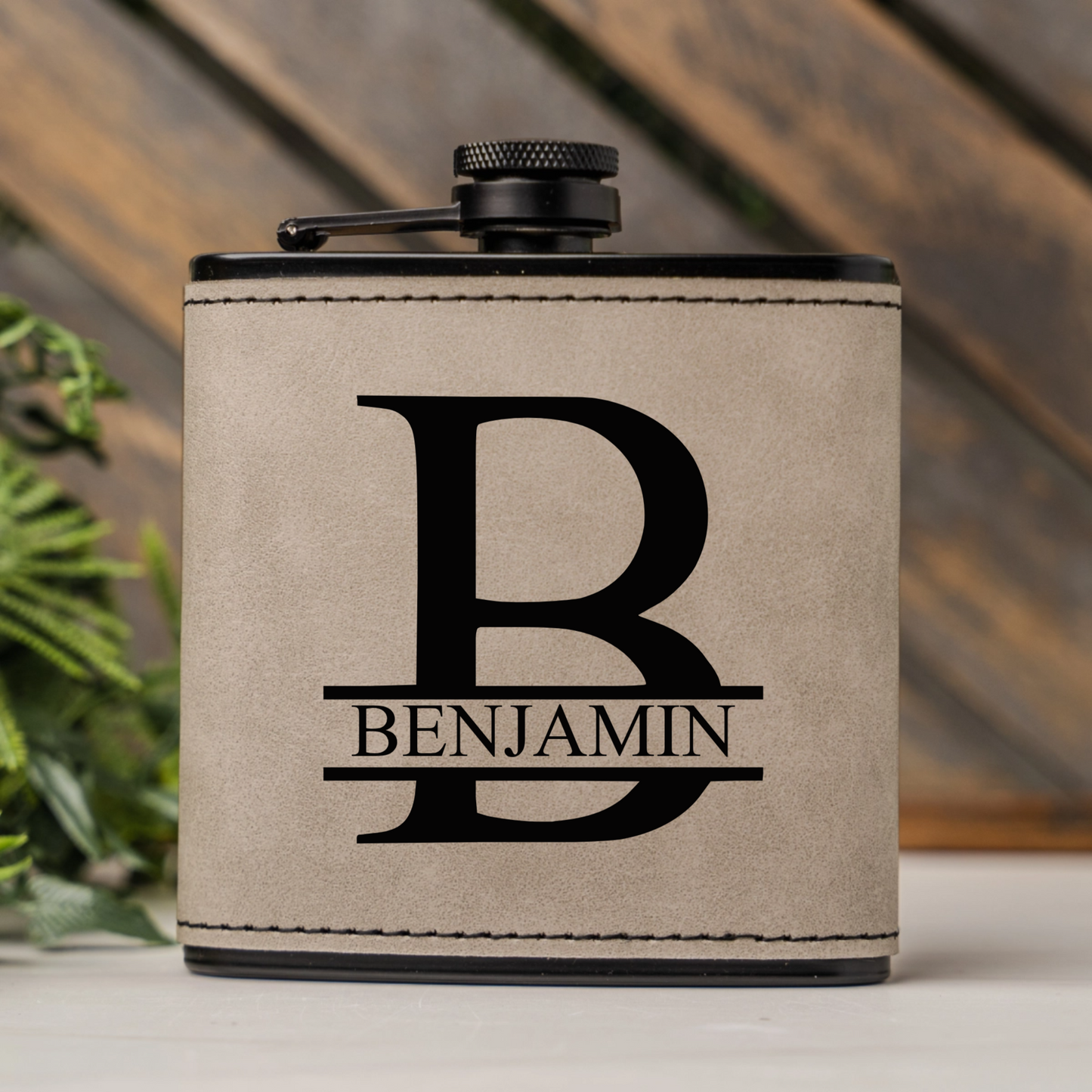 Customized Leather Wrapped Black Flasks - Manly Script