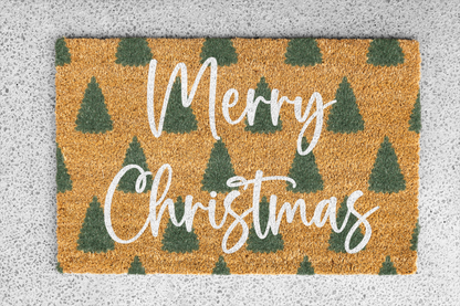 Merry Christmas Doormat with Green Trees