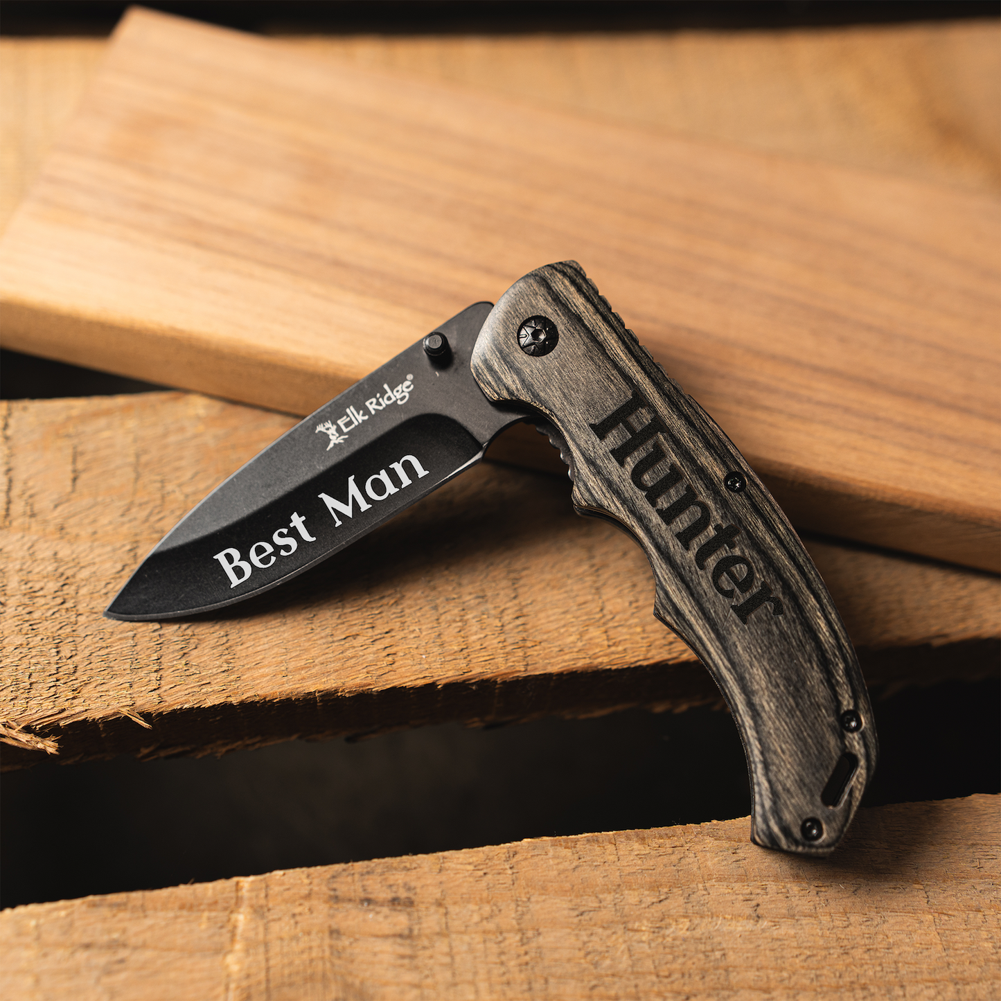 Set of 5 Personalized Black Blade Grey Wood Handle Knives