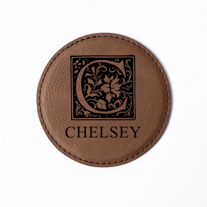Customized Dark Brown Leather Round Coaster Set