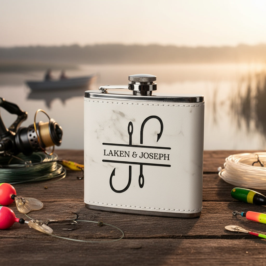 Customized Leather Wrapped Flasks With Fishing Designs