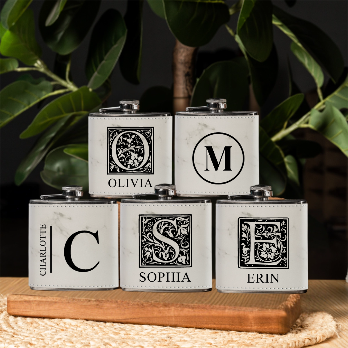 Groomsmen Gift Set of 5 Leather Wrapped Stainless Flasks