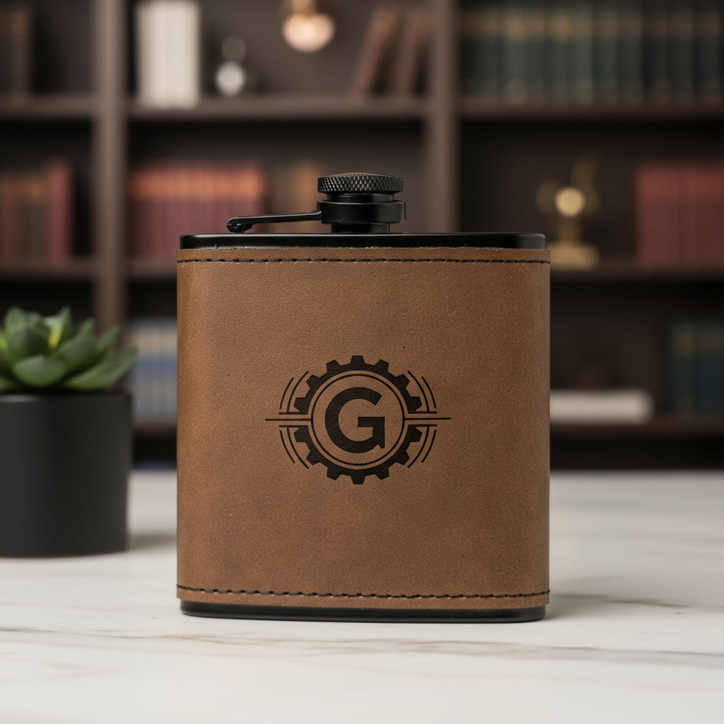Leather Wrapped Black Flasks with Custom Logo