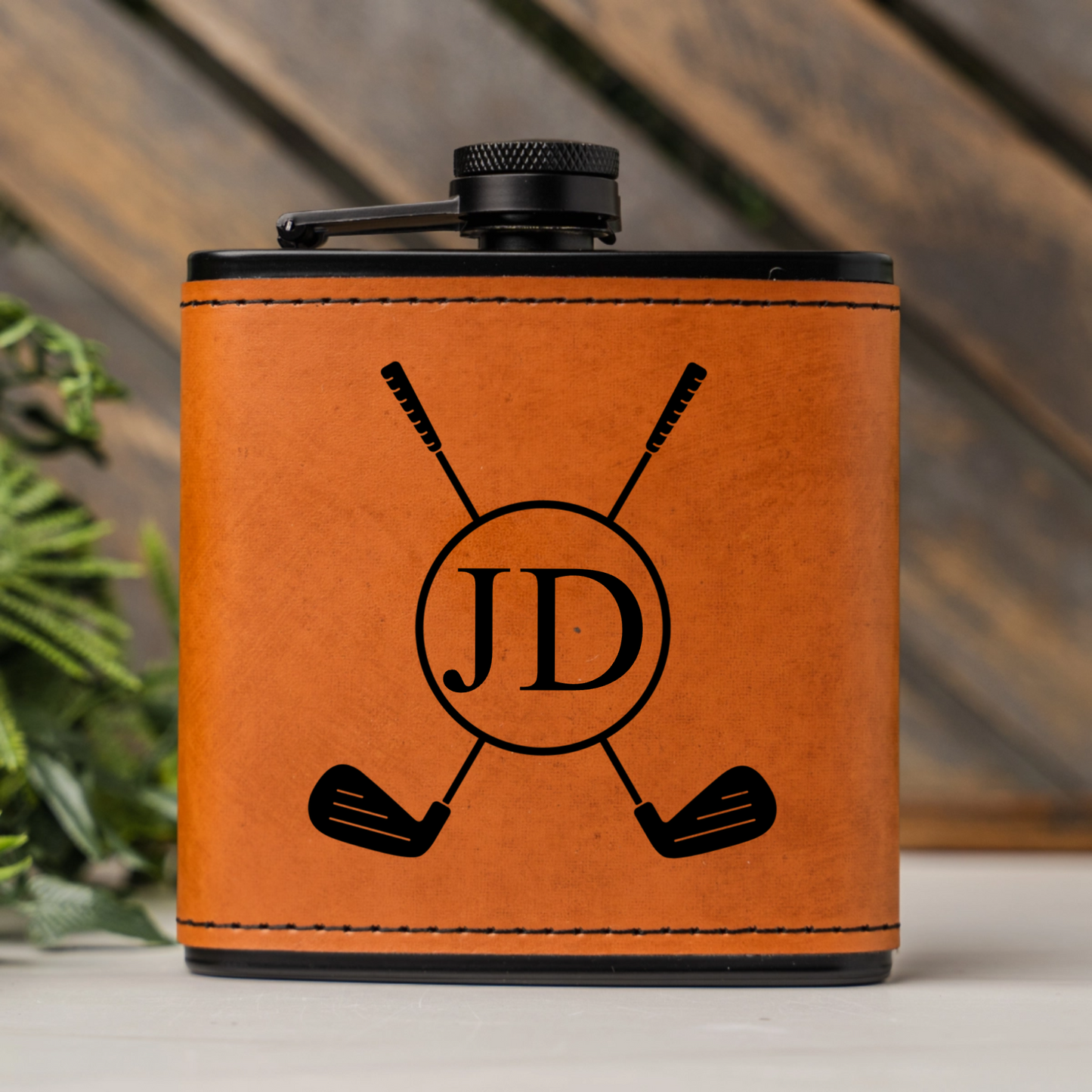 Customized Leather Wrapped Black Golf Flasks