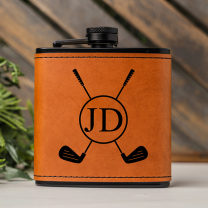 Customized Leather Wrapped Black Golf Flasks