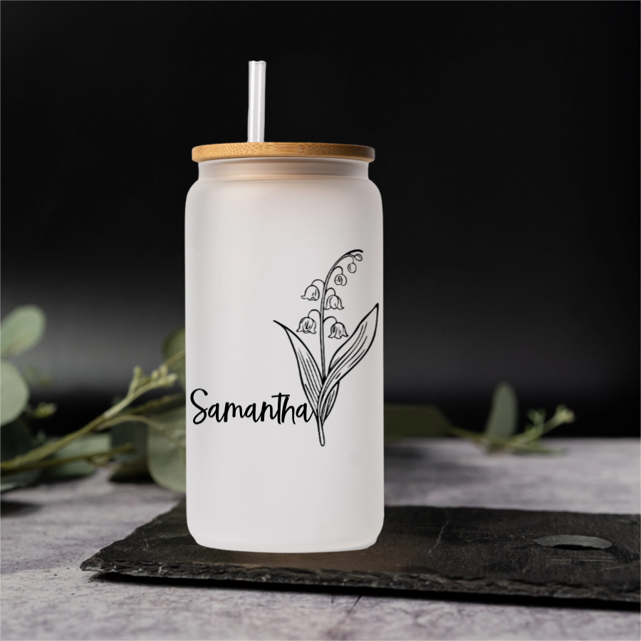 Customized Glass Cans - Birth Flower Designs (Horizontal Name)