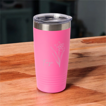 Customized 20oz Tumbler with Silver Lip - Birth Flower Designs (Horizontal Name)