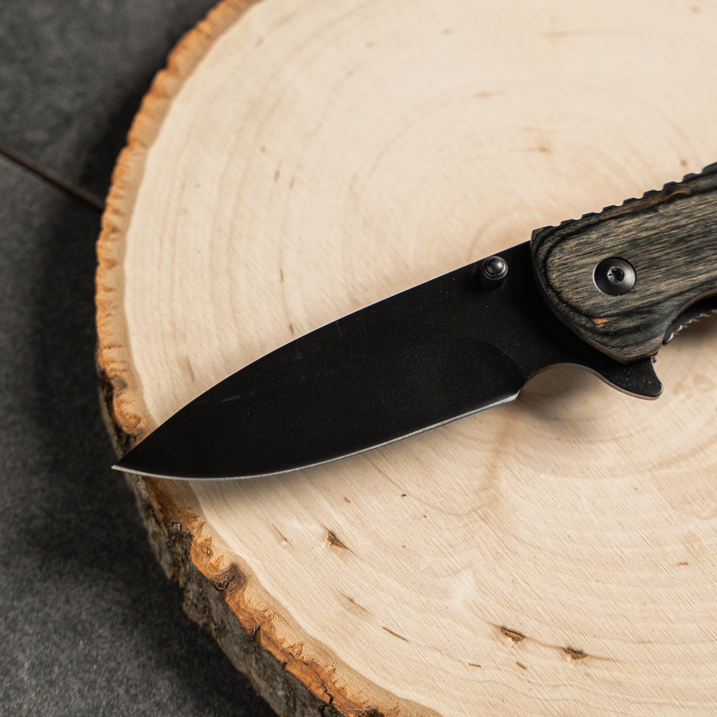 Customized Grey Wood Hunting Knife - Black Blade
