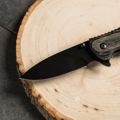 Customized Grey Wood Hunting Knife - Black Blade