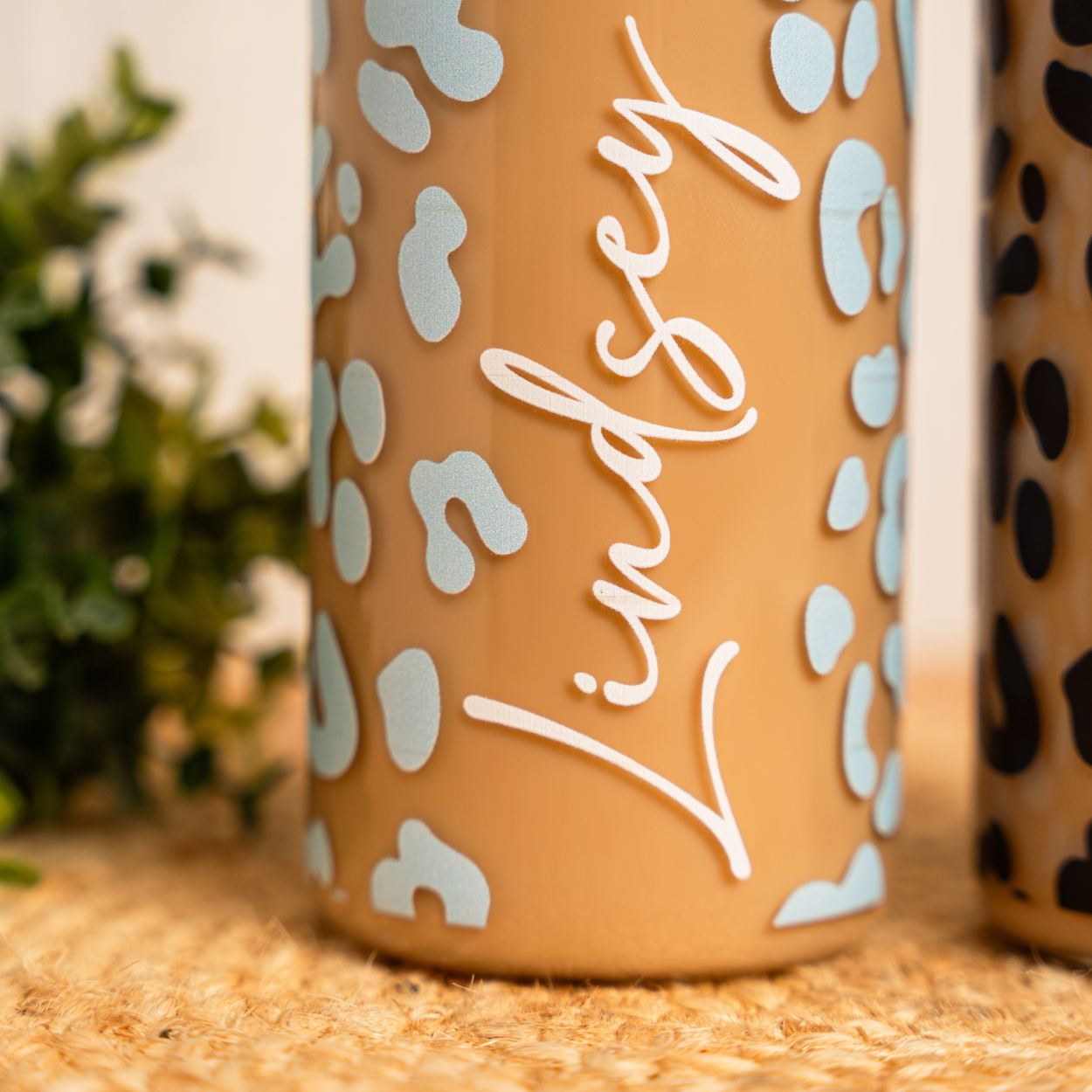 Customized Leopard Print Glass Can Cup with Bamboo Lid