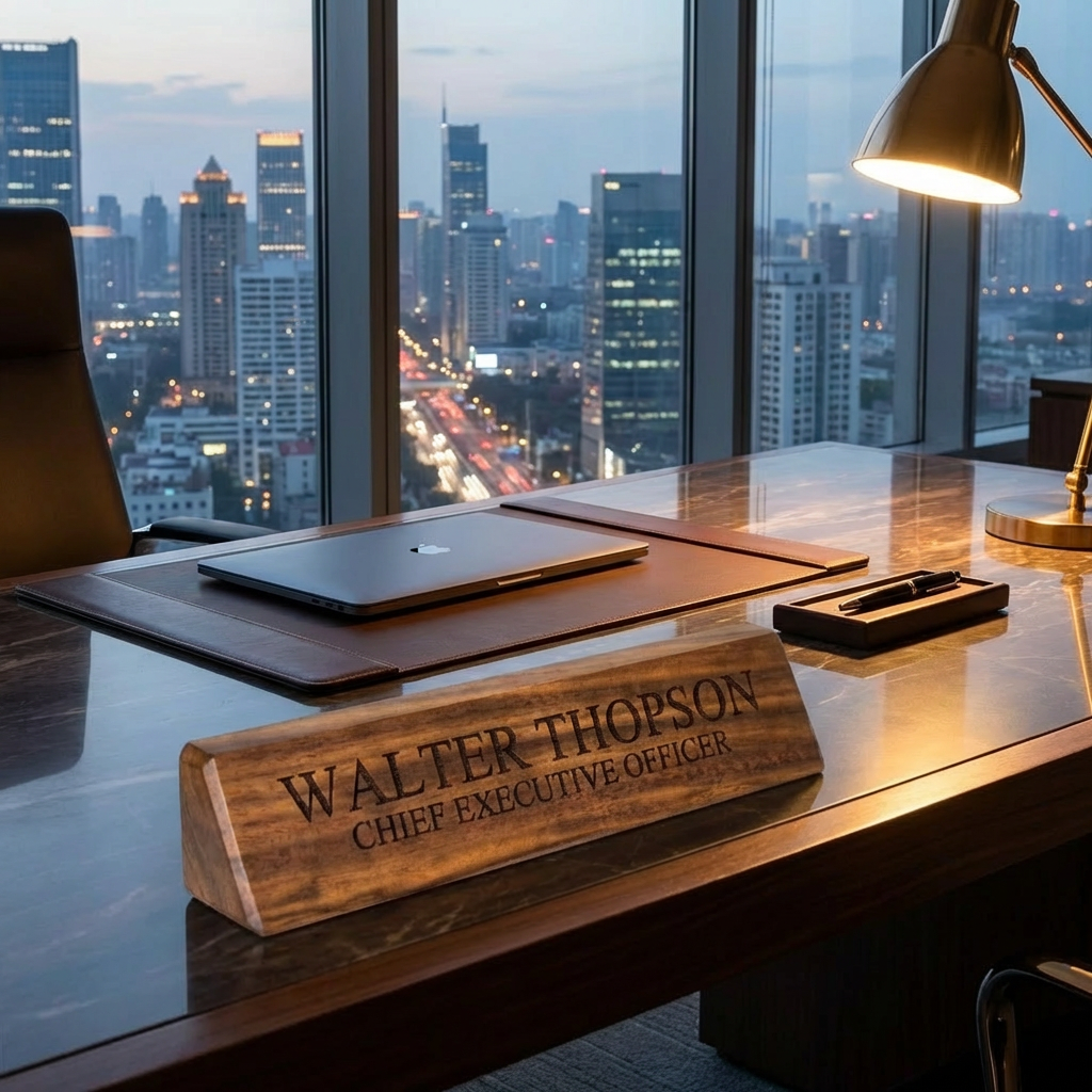 Wooden nameplate on a desk with a cityscape view