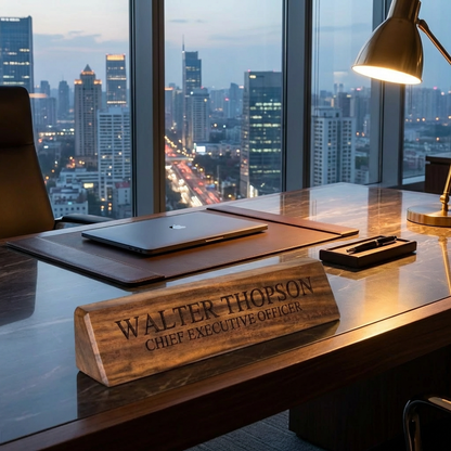 Wooden nameplate on a desk with a cityscape view
