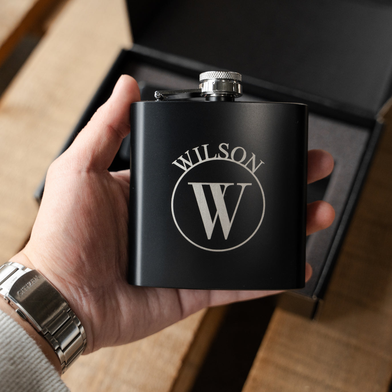 Customized Black Flask & Lighter Gift Set