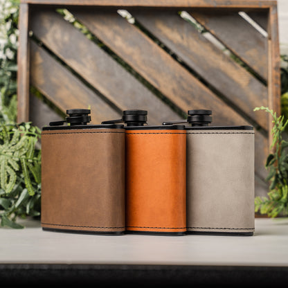 Customized Leather Wrapped Black Flasks - Manly Script