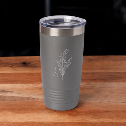 Customized 20oz Tumbler with Silver Lip - Birth Flower Designs (Vertical Name)