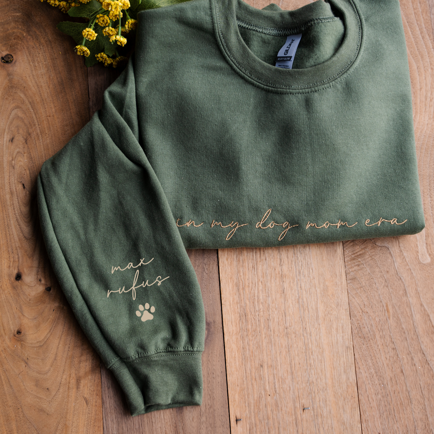 Customized In My Dog Mom Era Crewneck with Names on Sleeve