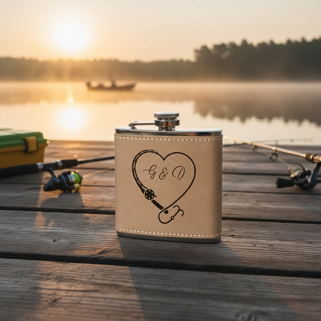 Customized Leather Wrapped Flasks With Fishing Designs