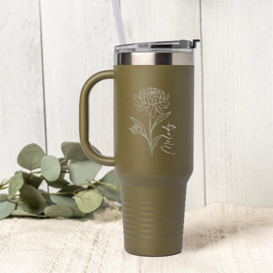 Customized 40oz Tumbler - Birth Flower Designs (Vertical Name)