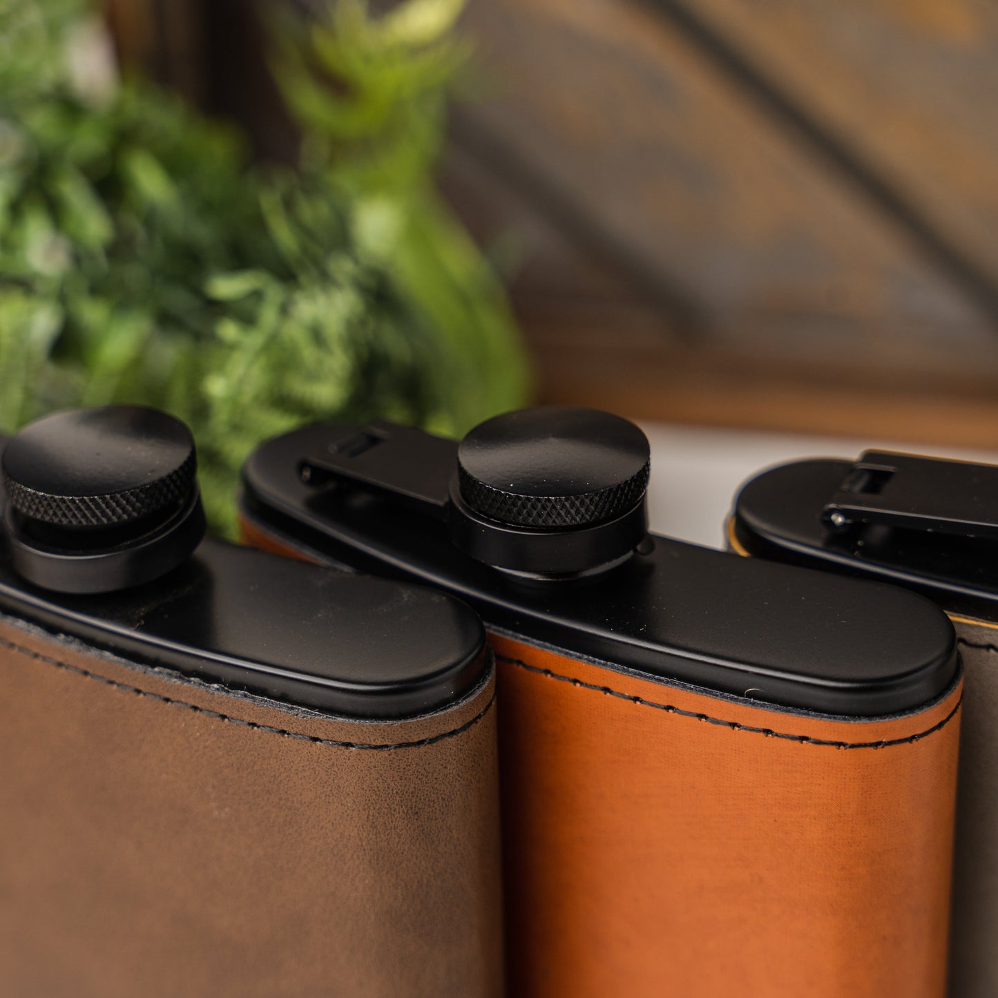 Customized Leather Wrapped Black Flasks - Manly Script
