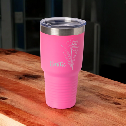 Customized 30oz Tumbler with Silver Lip - Birth Flower Designs (Horizontal Name)