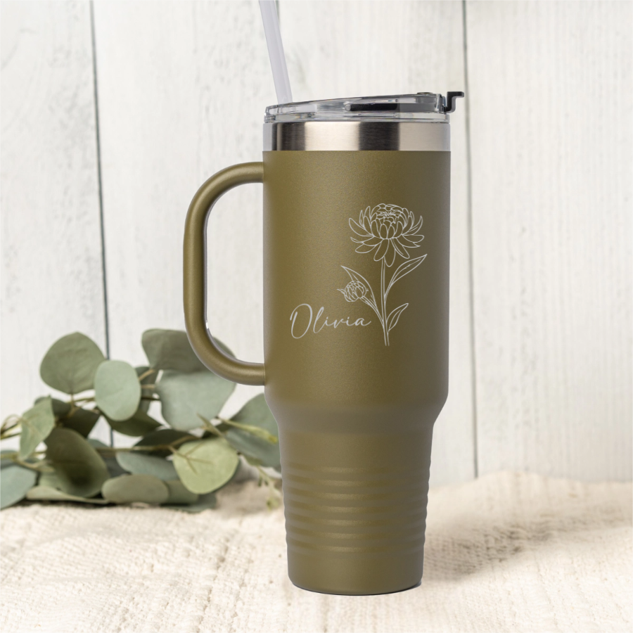 Customized 40oz Tumbler - Birth Flower Designs (Horizontal Name)