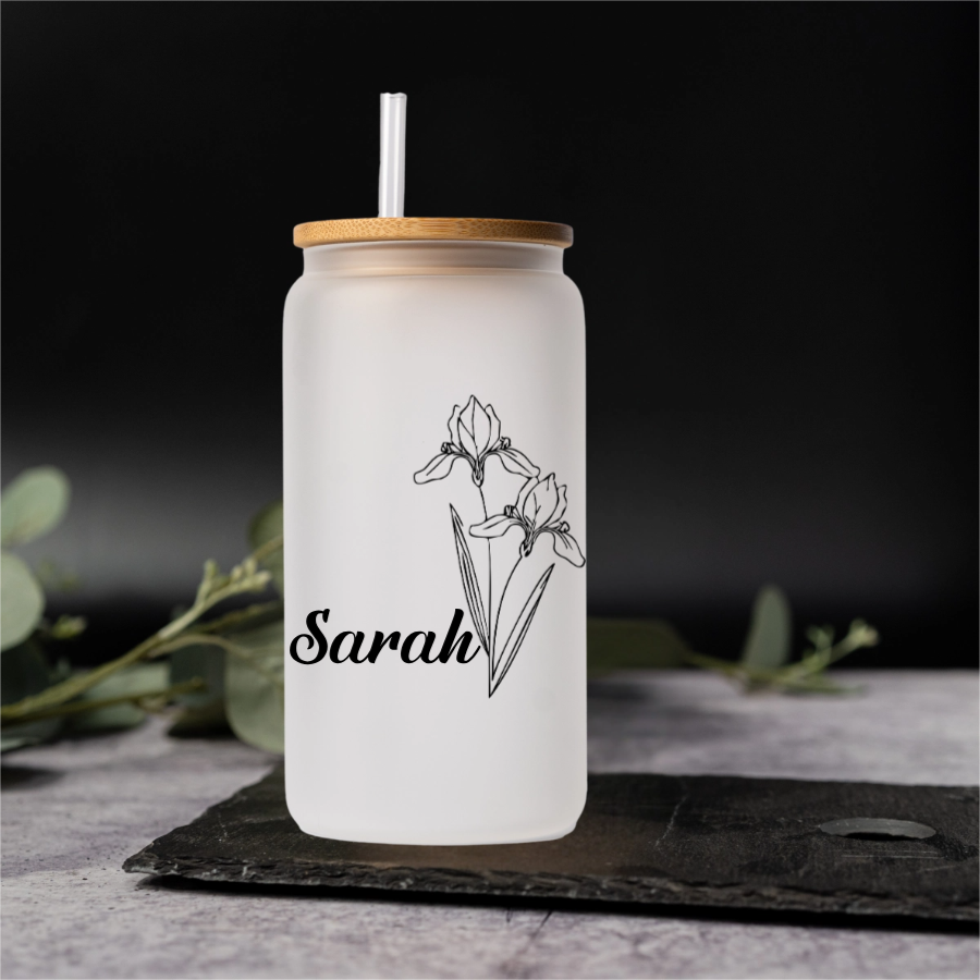 Customized Glass Cans - Birth Flower Designs (Horizontal Name)