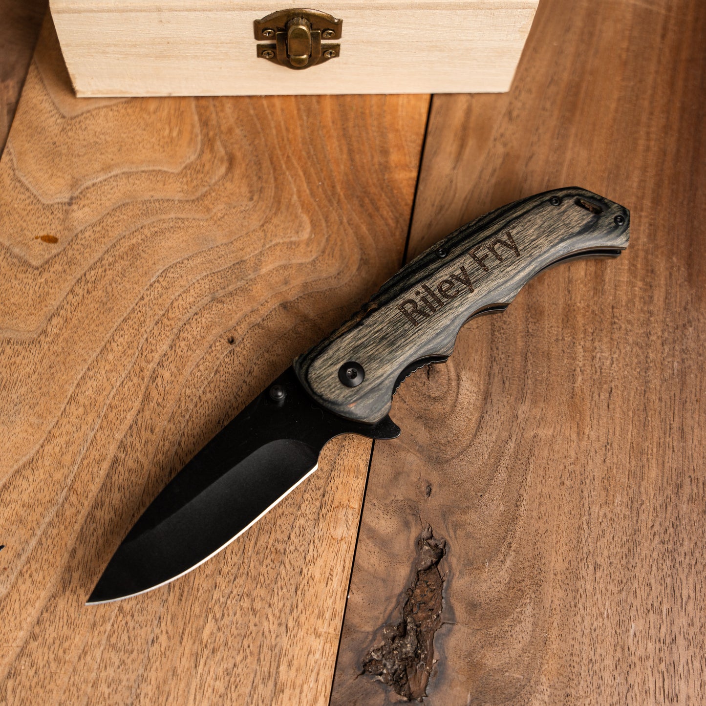 Customized Grey Wood Hunting Knife - Black Blade