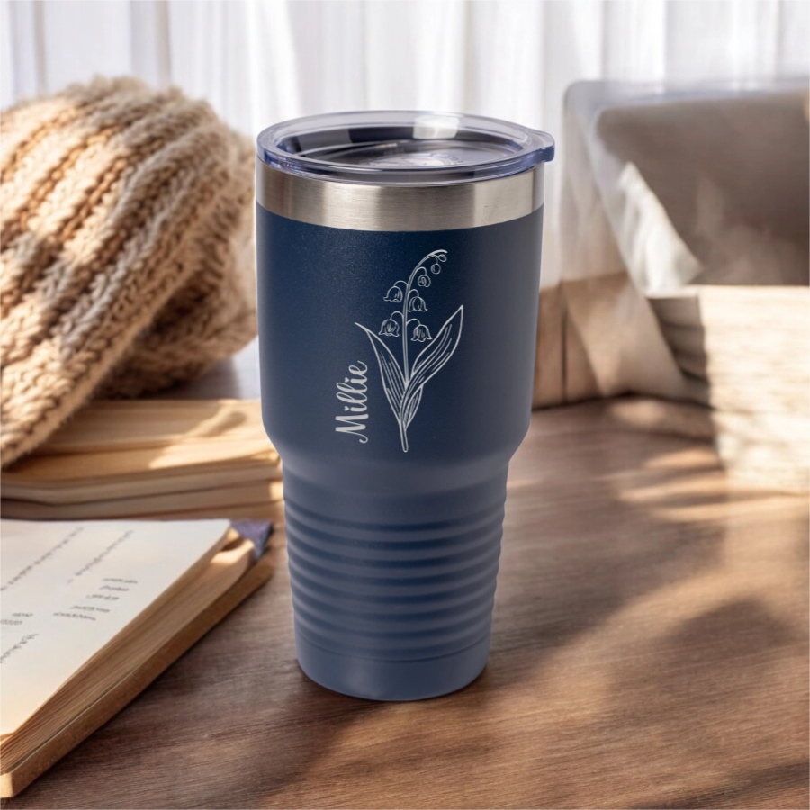 Customized 30oz Tumbler with Silver Lip - Birth Flower Designs (Vertical Name)