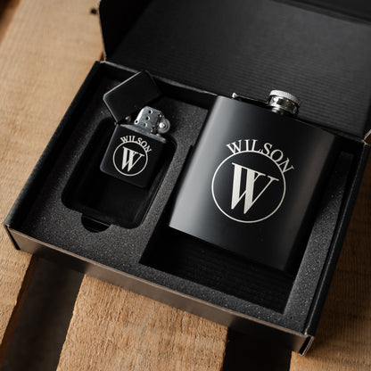 Set of 5 Personalized Black Flask and Lighter Sets - Groomsmen Gift