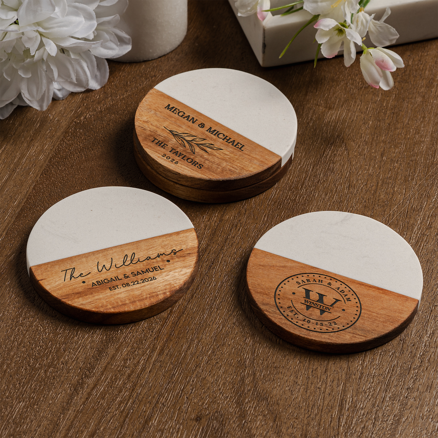 Customized Wood & Marble Acacia Coasters