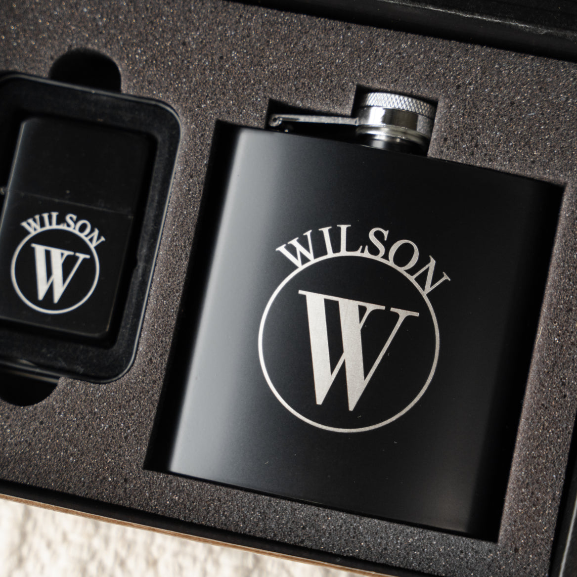 Customized Black Flask & Lighter Gift Set