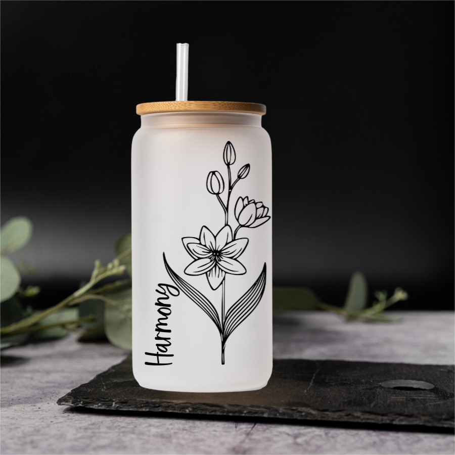 Customized Glass Cans - Birth Flower Designs (Vertical Name)