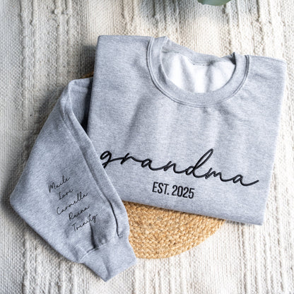 Custom Embroidered Grandma Sweatshirt with Names on Sleeve