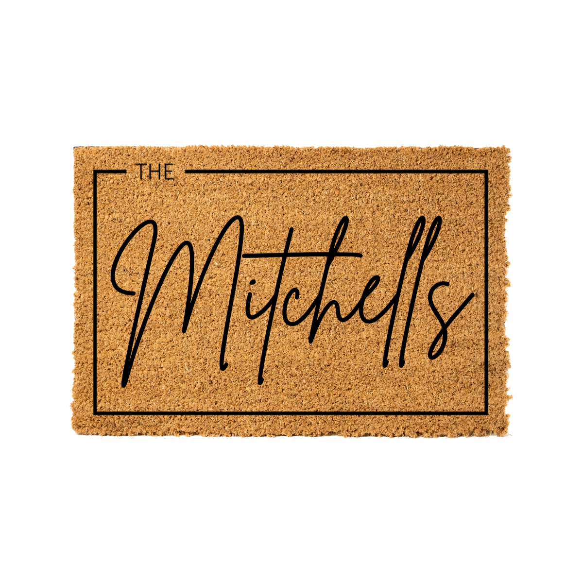 Doormat with 'The Mitchells' text on a white background