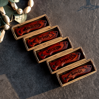 Set of 5  Red Wood Handle Black blade Knives - Groomsmen Gift