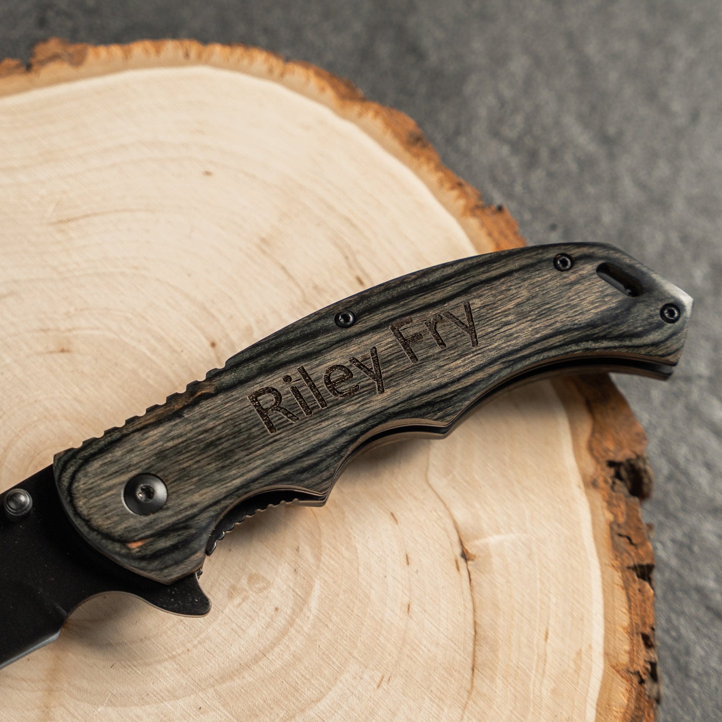Customized Grey Wood Hunting Knife - Black Blade