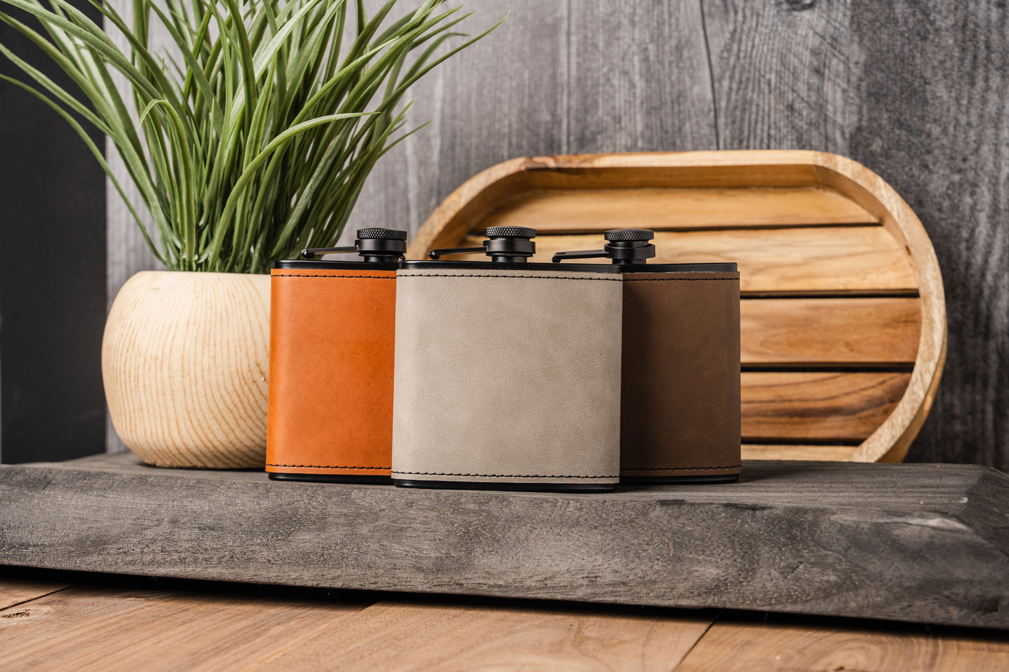Customized Leather Wrapped Black Flasks - Manly Script